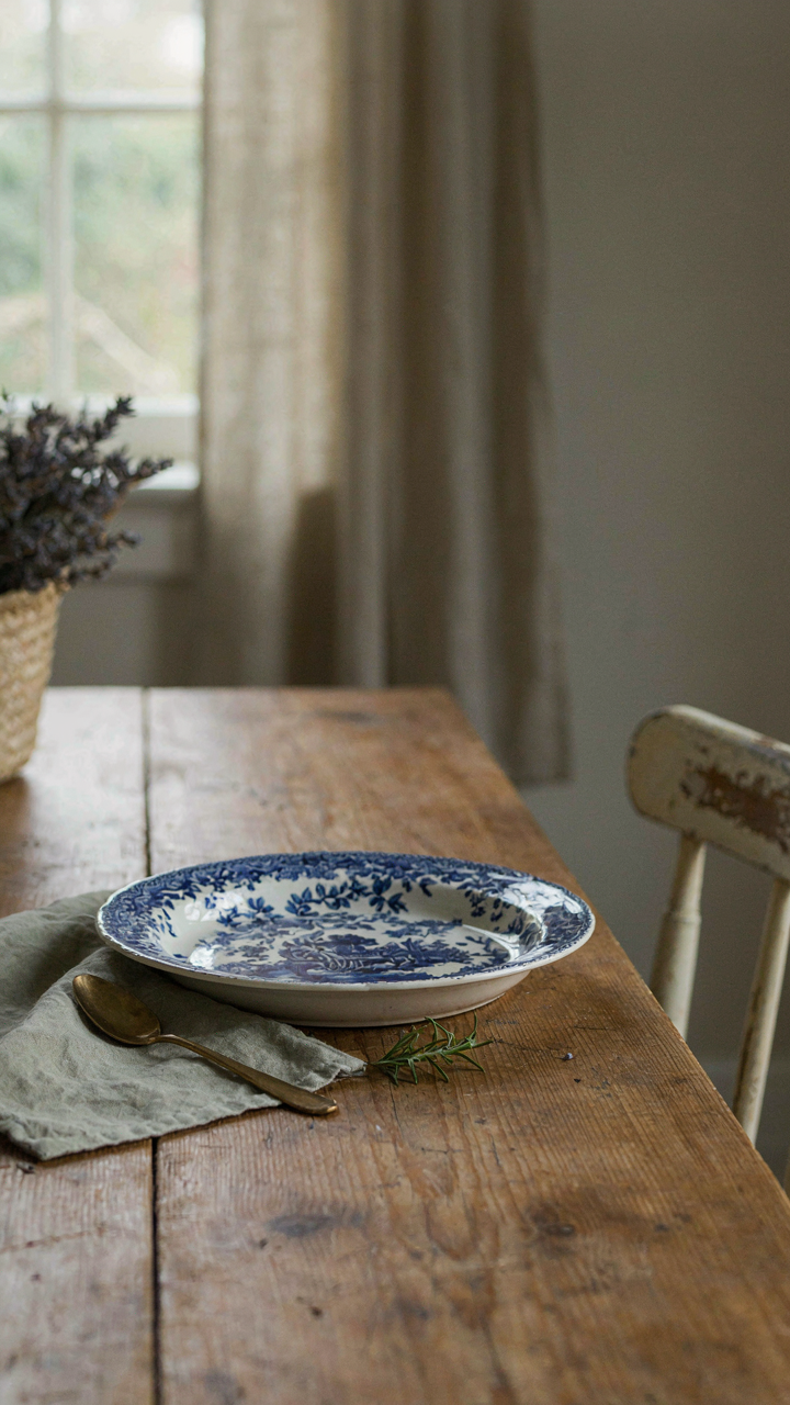 A single Blue Willow serving dish sits on a rustic wooden dining table.