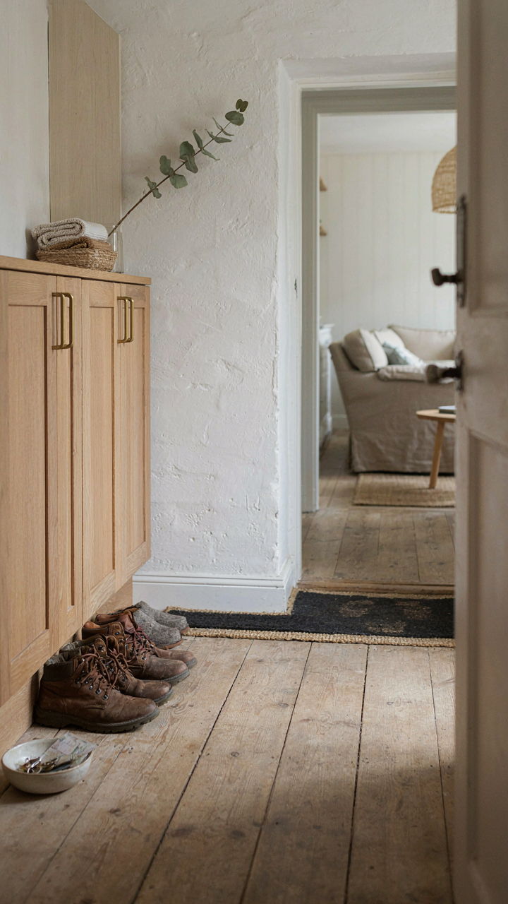 A boot room area with a closed cabinet separating it from a living space.