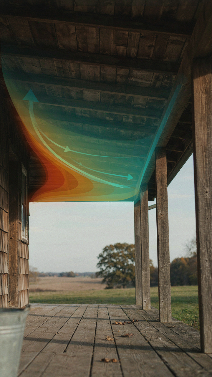A diagram shows air movement and temperature zones on a farmhouse porch.