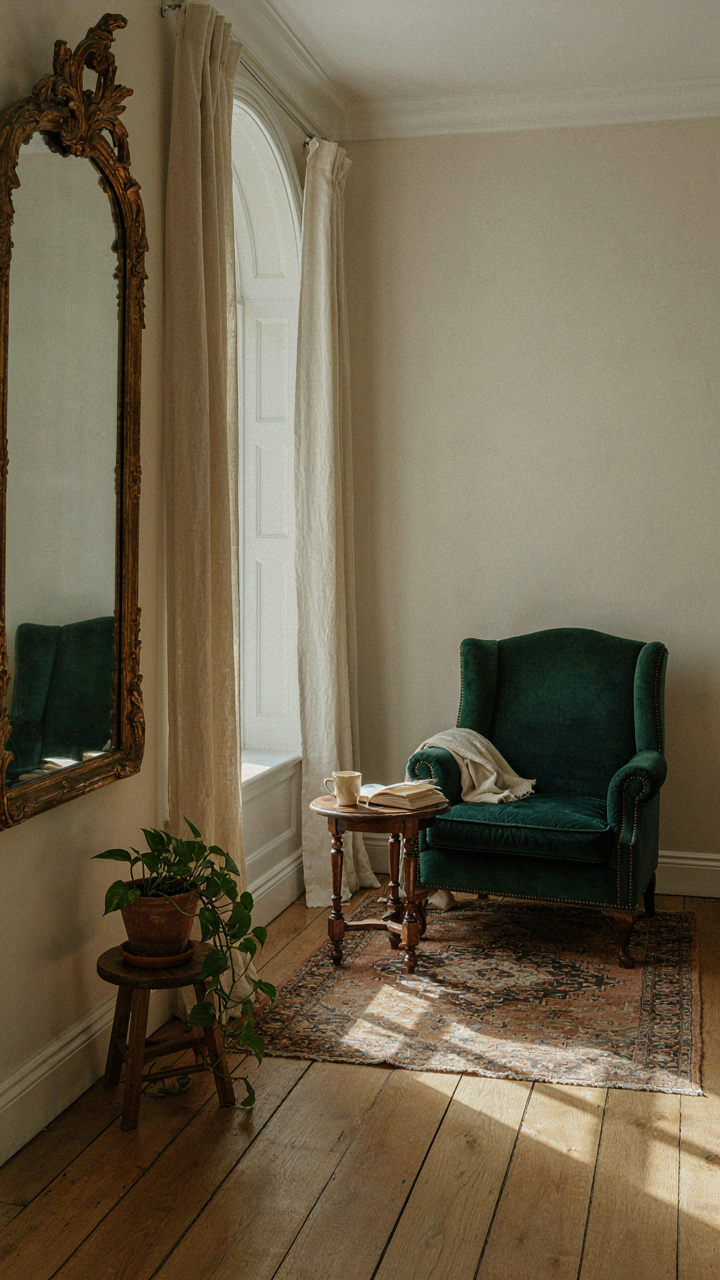 A large mirror reflects sunlight into a dim corner of a cottage sunroom.