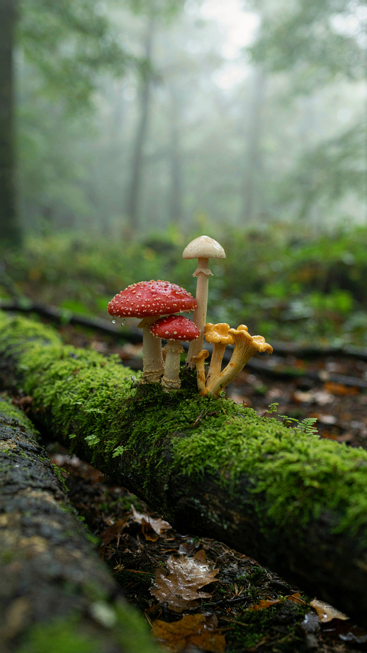Wild mushrooms with water-shedding cap shapes grow on a mossy log.
