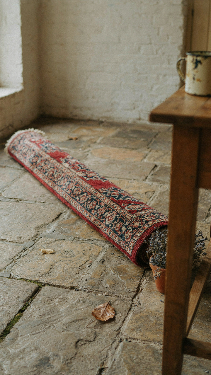 An old rug rolled up to reveal a rustic flagstone floor in a farmhouse.