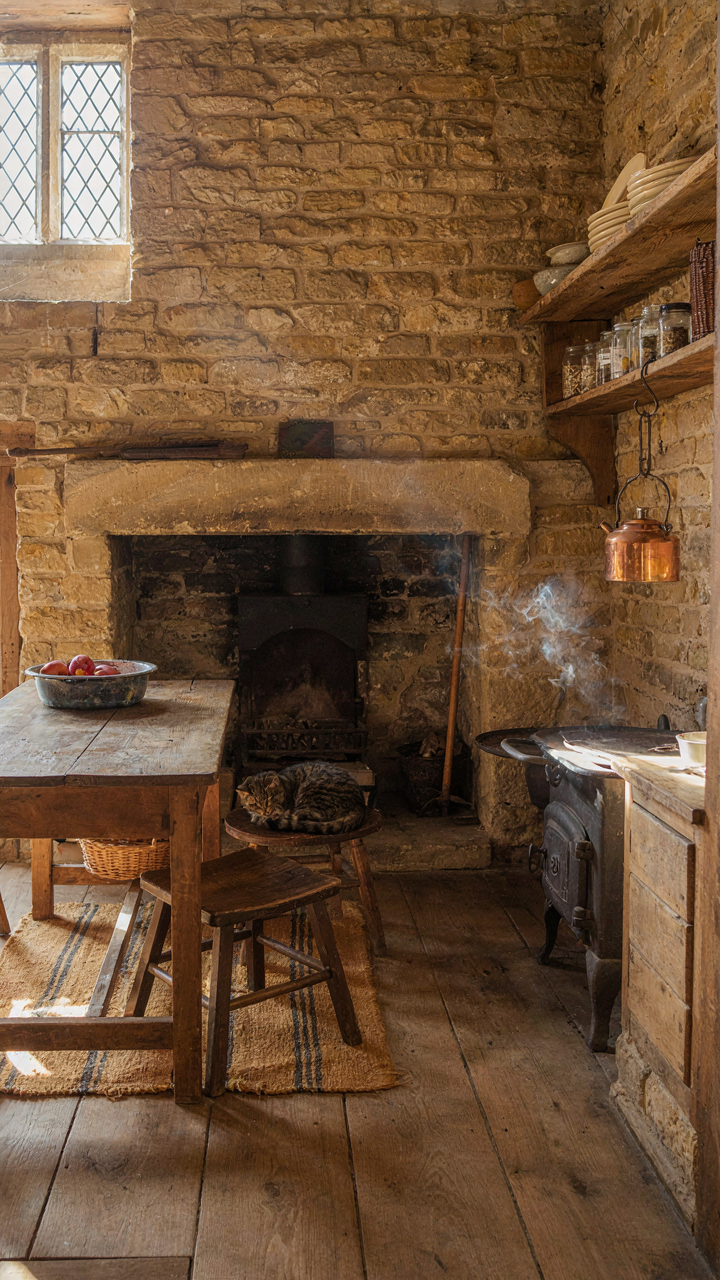 Rustic Cotswold cottage kitchen with a large stone hearth and wooden table.