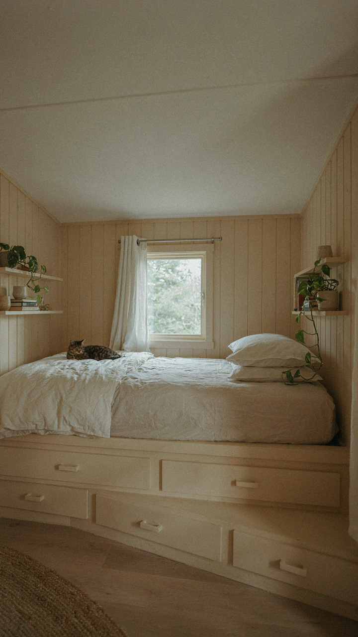A built-in bed and shelves perfectly fit wall-to-wall in a tiny cabin bedroom.