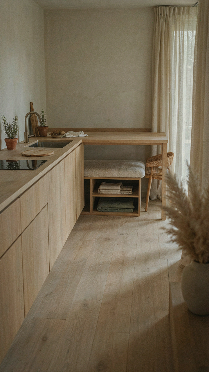A kitchen counter extends into a dining table with storage in a cabin.