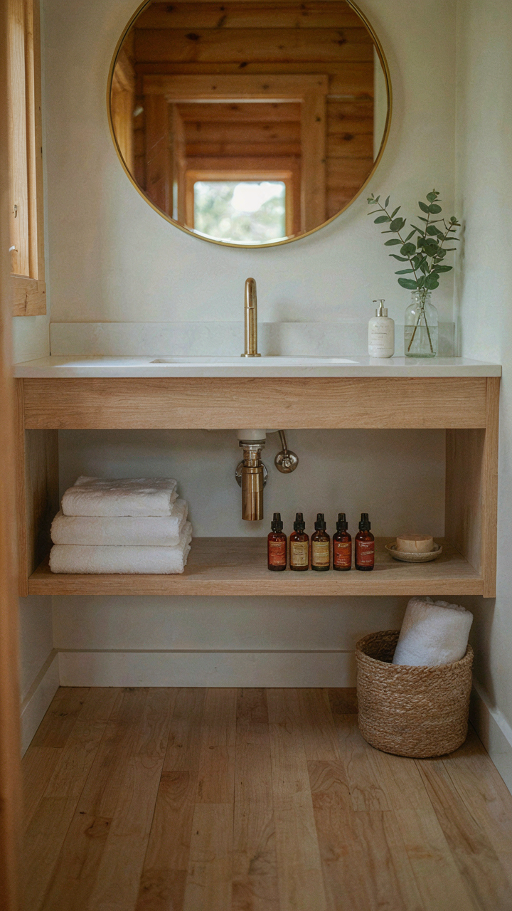 A wall-mounted vanity with open shelves makes a small cabin bathroom feel larger.
