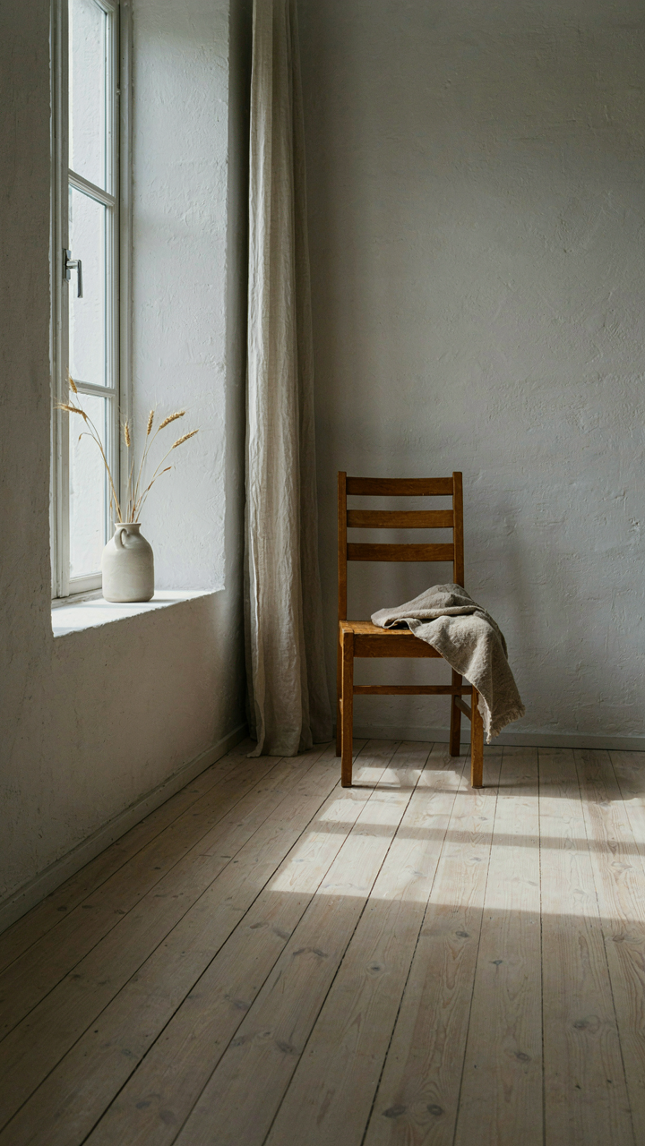 Morning sun streams through a large window, creating deep shadows in a minimalist room.