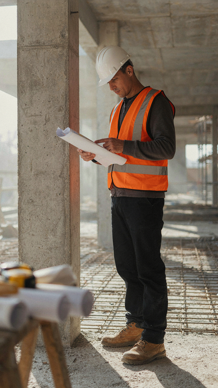 An architect examining a structural column in a building under construction.