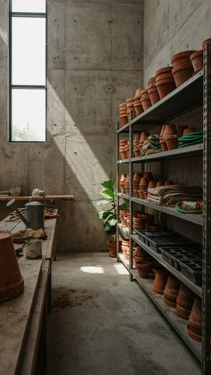 An unpolished concrete floor and exposed walls show a brutalist potting shed.
