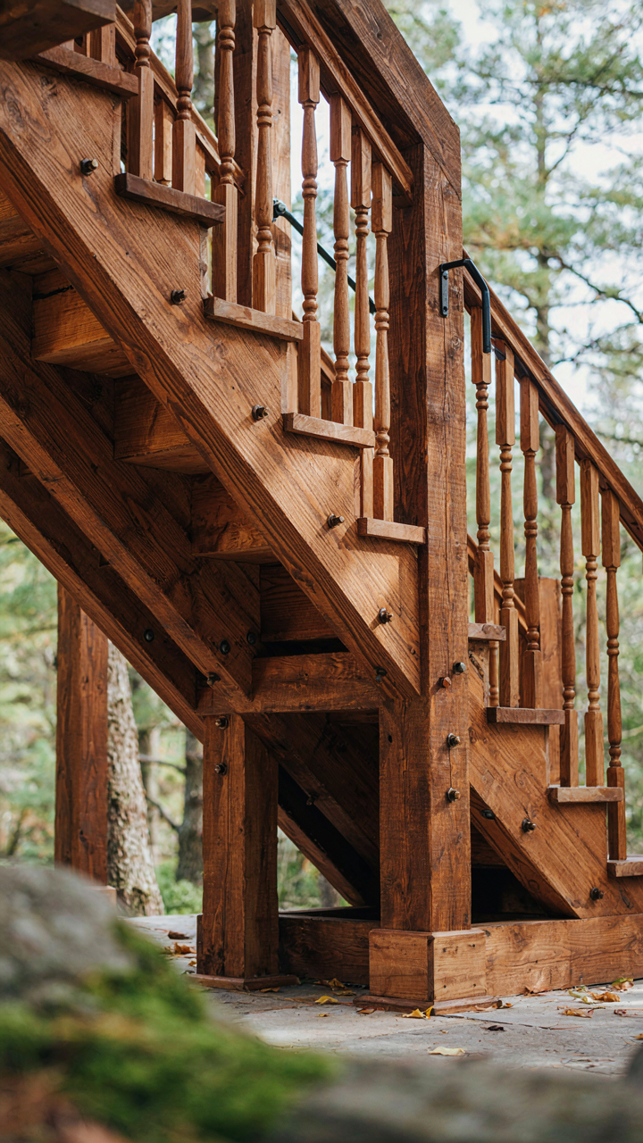 An exposed timber staircase in a cabin, showcasing its structural design.