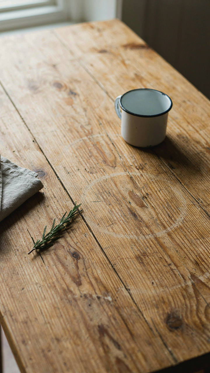 A close-up of a weathered pine tabletop with visible grain and patina.