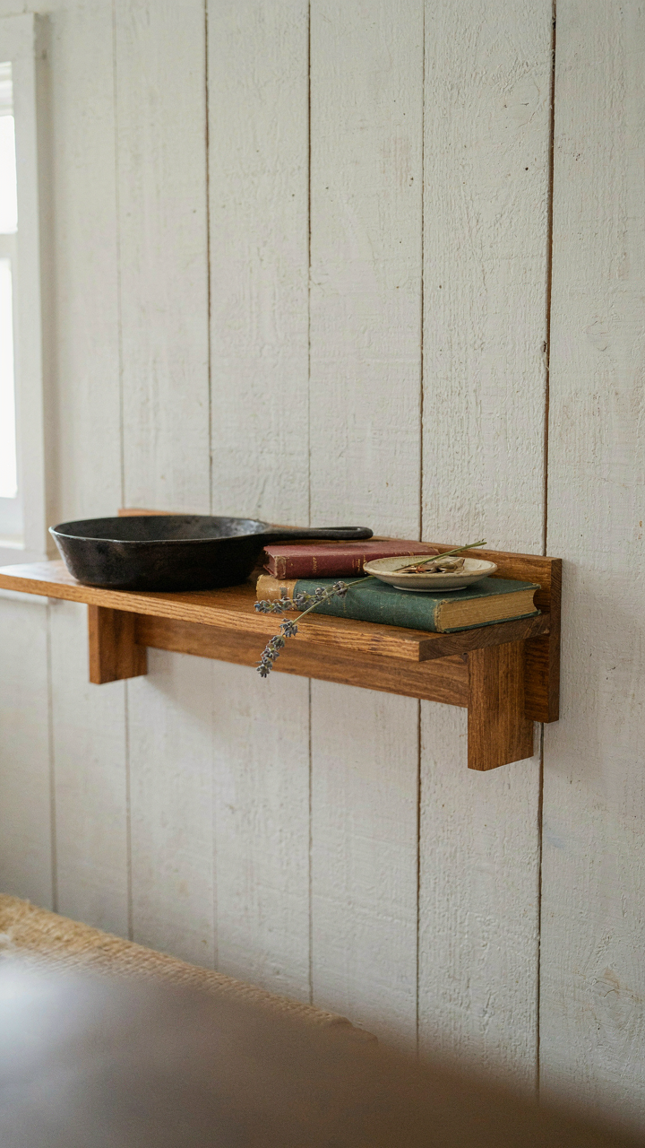 A shallow wall shelf in a small cabin holds a cast iron skillet and books.
