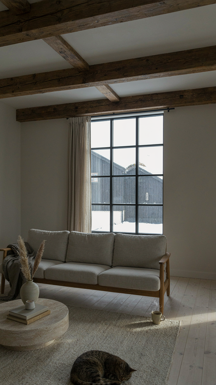 Interior of a scandinavian barn house with a large window and sunlit living space.