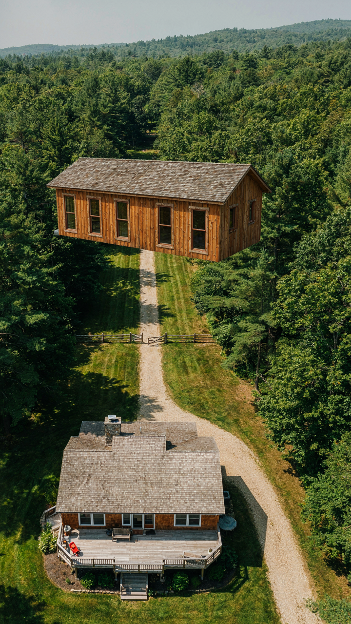 An aerial view of a guest cabin set far from the main house, showing a clear separation.