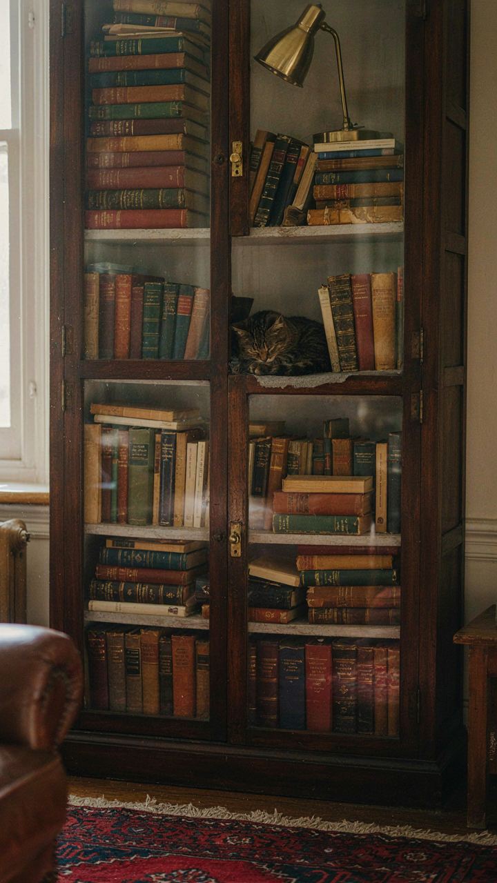A dusty built-in bookcase filled with many unread books.