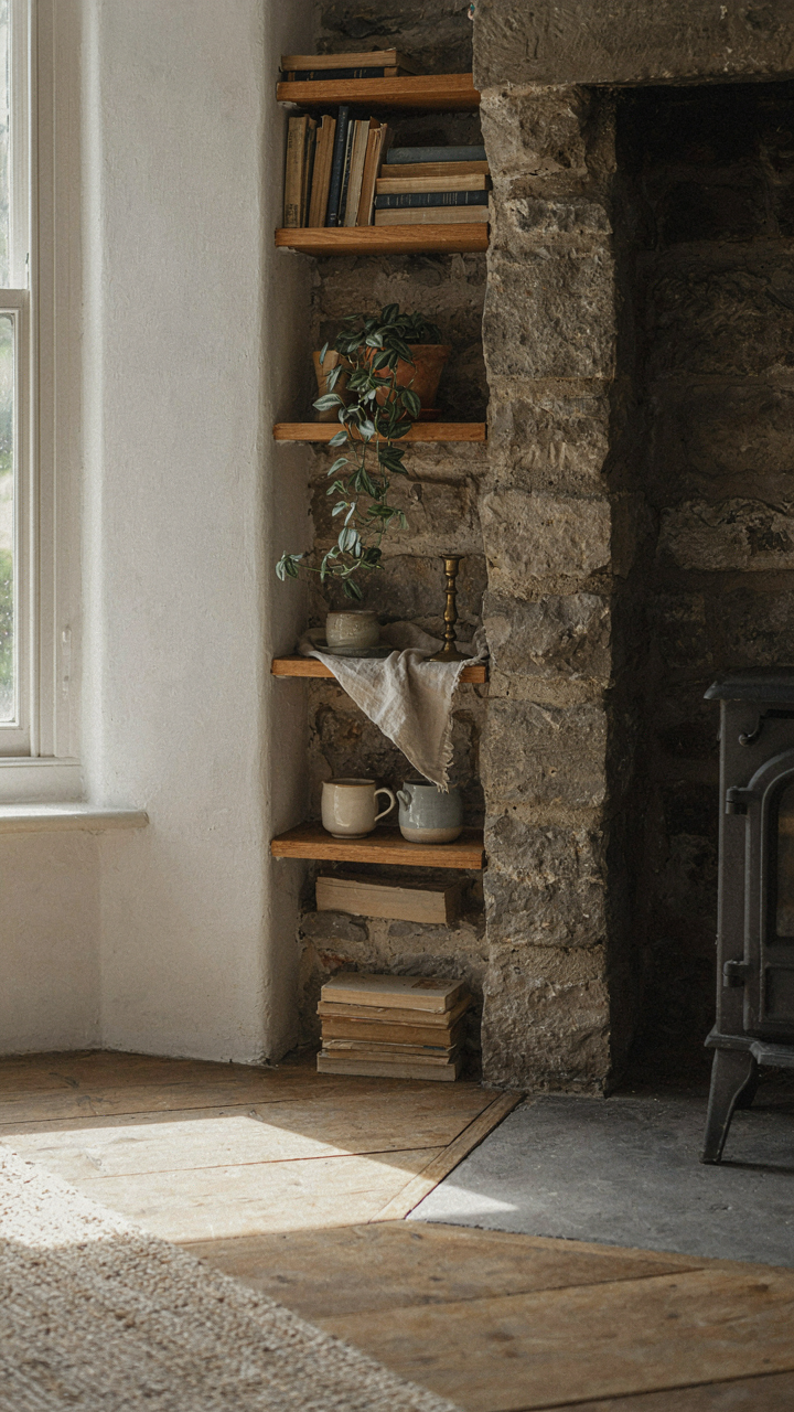 Built-in shelves in a narrow cottage alcove next to a chimney.