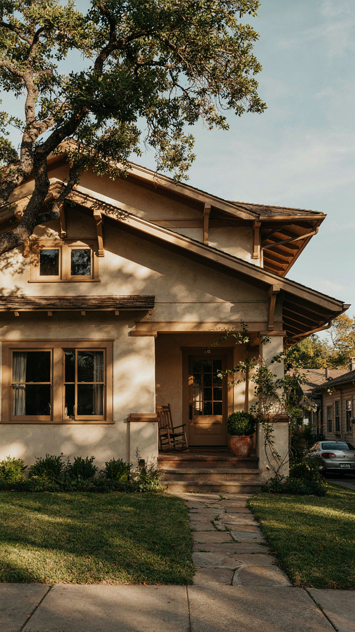 A classic bungalow with deep overhangs and open windows for natural cooling.
