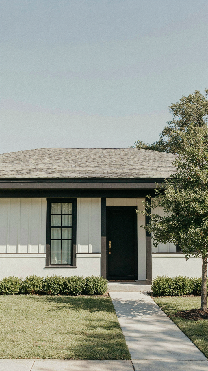 A bungalow exterior uses just two colors, soft white and dark trim.