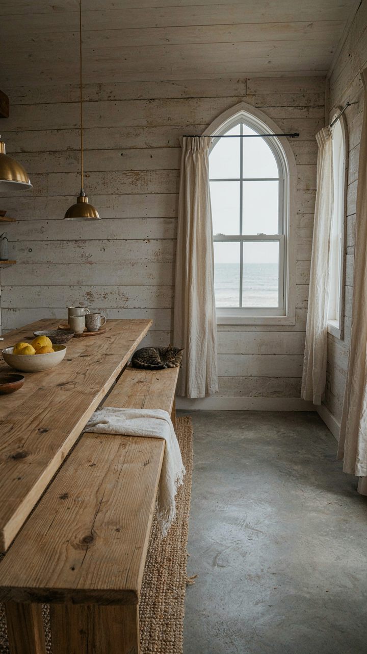 A cabin beach house with a reclaimed wood table and concrete floor.