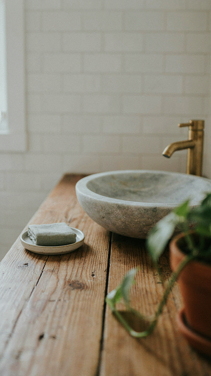 A reclaimed wood vanity with a stone sink, showing weathered texture.