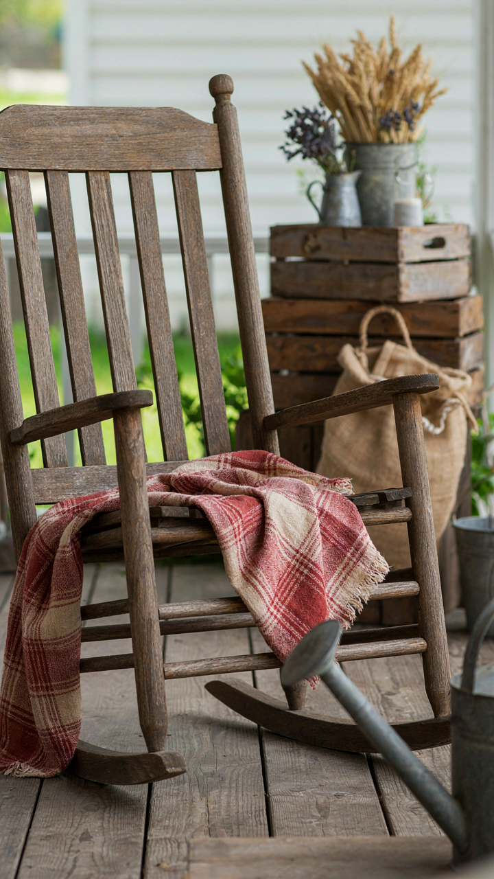 A weathered wooden rocking chair sits on a functional country porch.