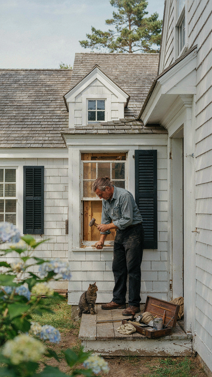 A carpenter carefully repairs a wooden window frame on an old cape cod cottage.