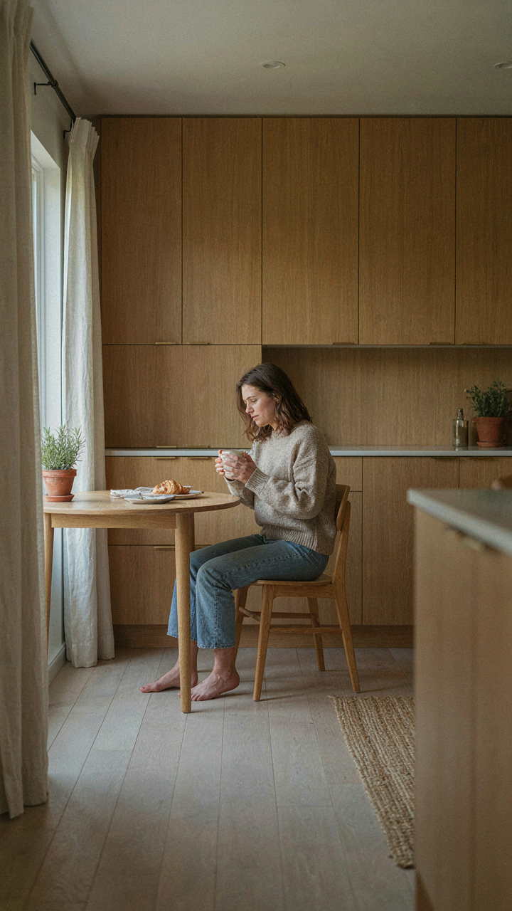 A minimalist kitchen in a cape cod cottage has built-in wooden cabinets.