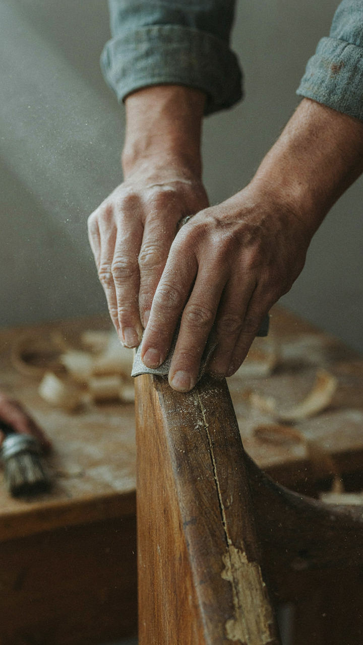 Hands with dirt are sanding an old piece of wooden furniture.