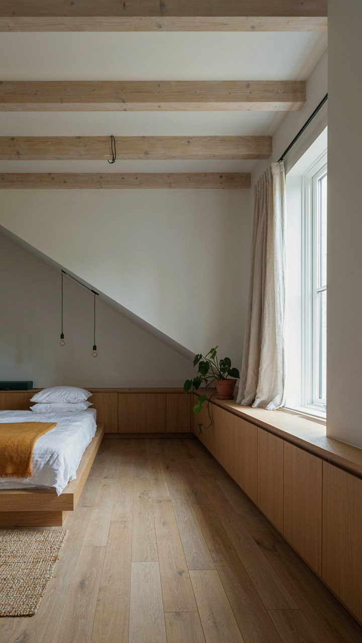 A light wood bed positioned perpendicularly under a sloped roof.