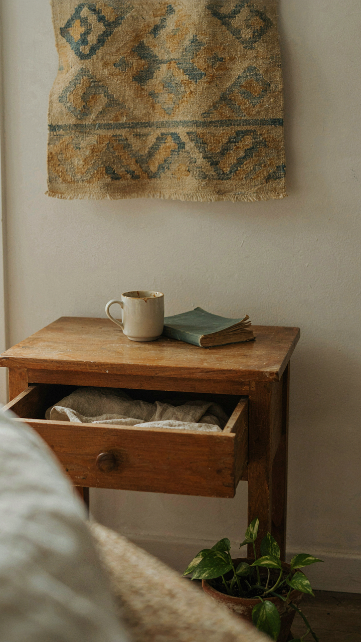 A rustic, scratched wooden nightstand with a mug and book, next to an asymmetrical wall hanging.