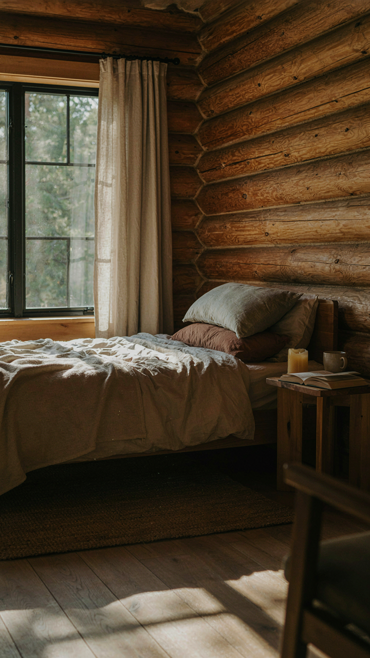 Morning sun shining on a bed in a log cabin bedroom from an east-facing window.