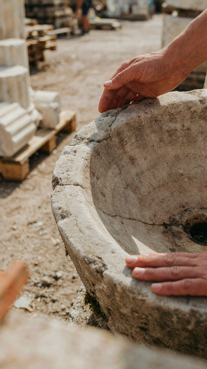 A person's hand touches a deeply weathered, ancient stone sink in a salvage yard.