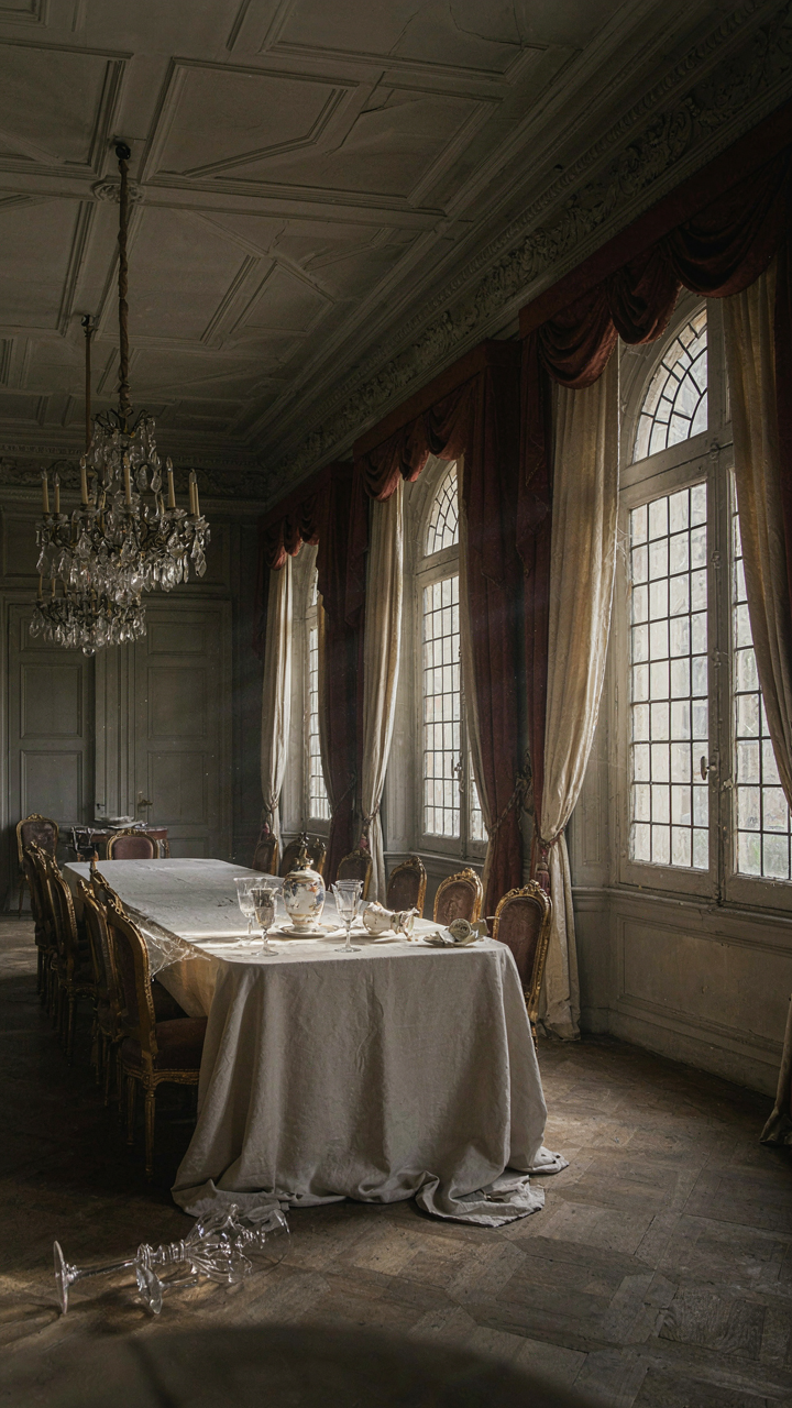 An opulent, unused formal dining room is covered in dust sheets.