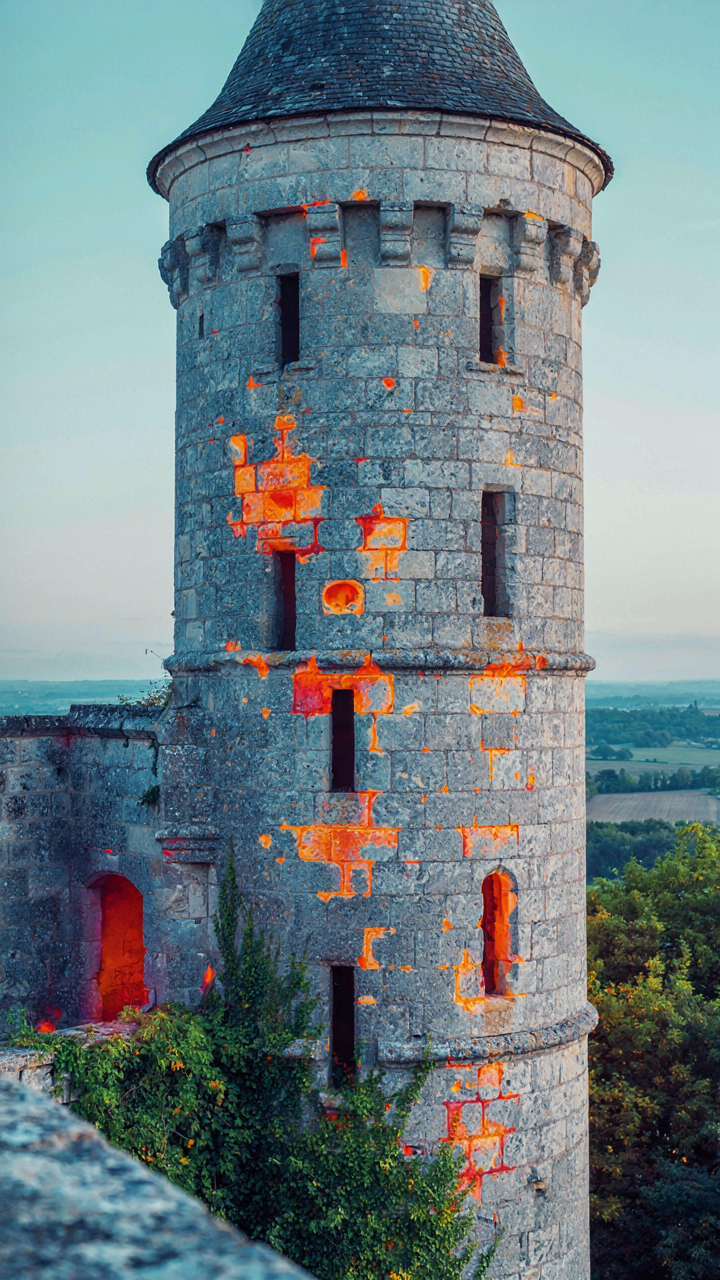 A thermal camera image shows heat escaping from a stone chateau turret.