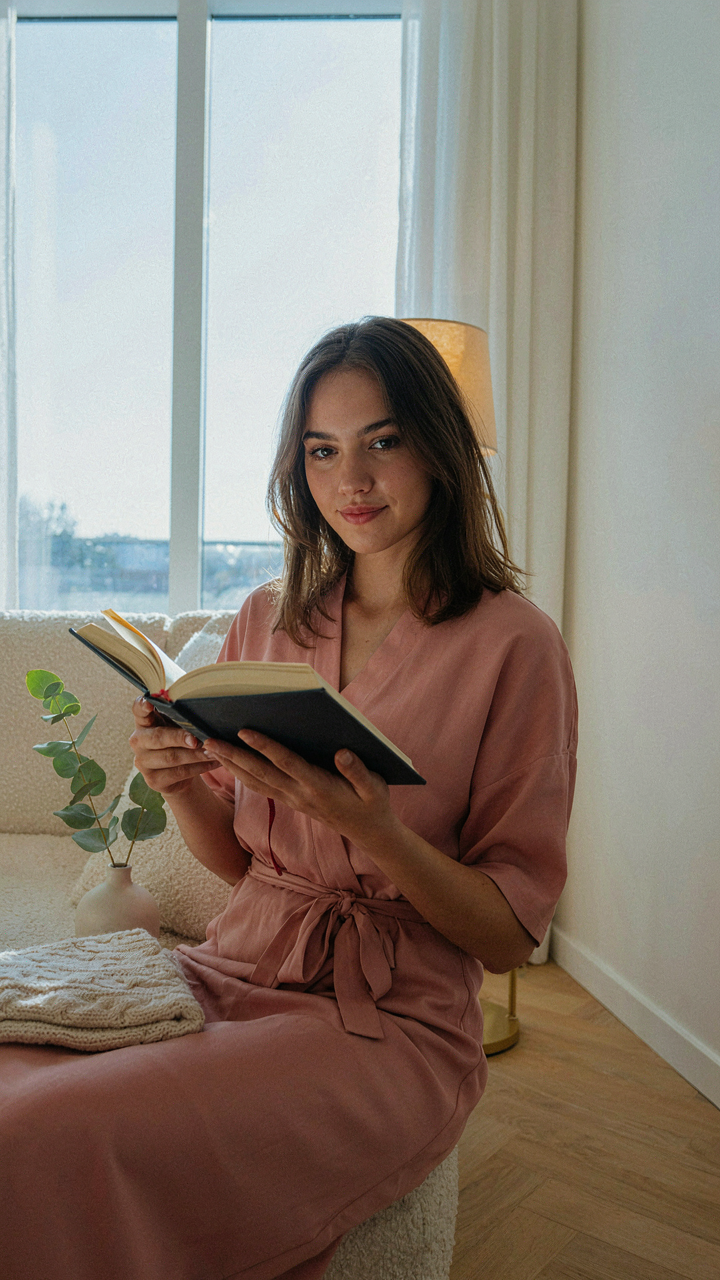 A woman reads a book under a warm floor lamp with morning light from a window.