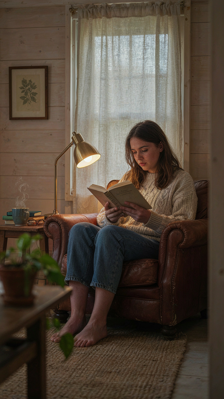 A person reads in a she shed, bathed in warm, sunset-like light for circadian rhythm syncing.