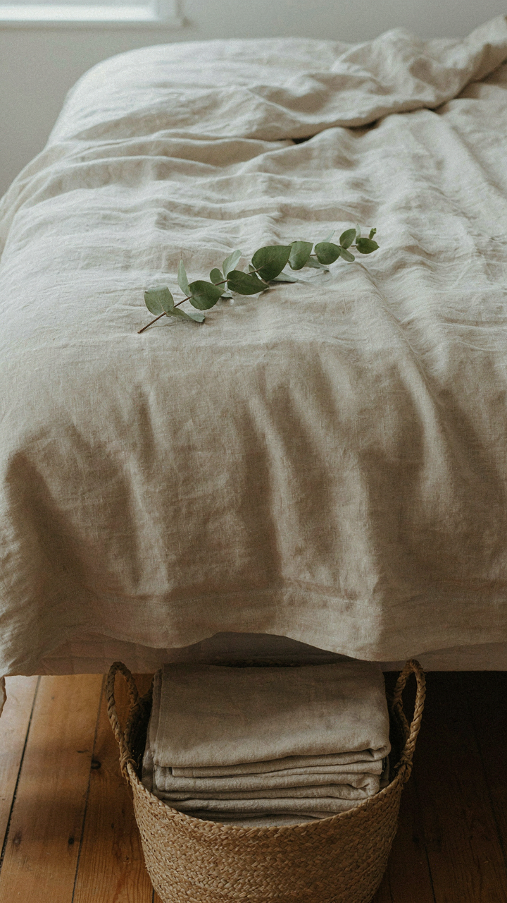 Close-up of premium linen sheets on a bed in a coastal farmhouse bedroom.