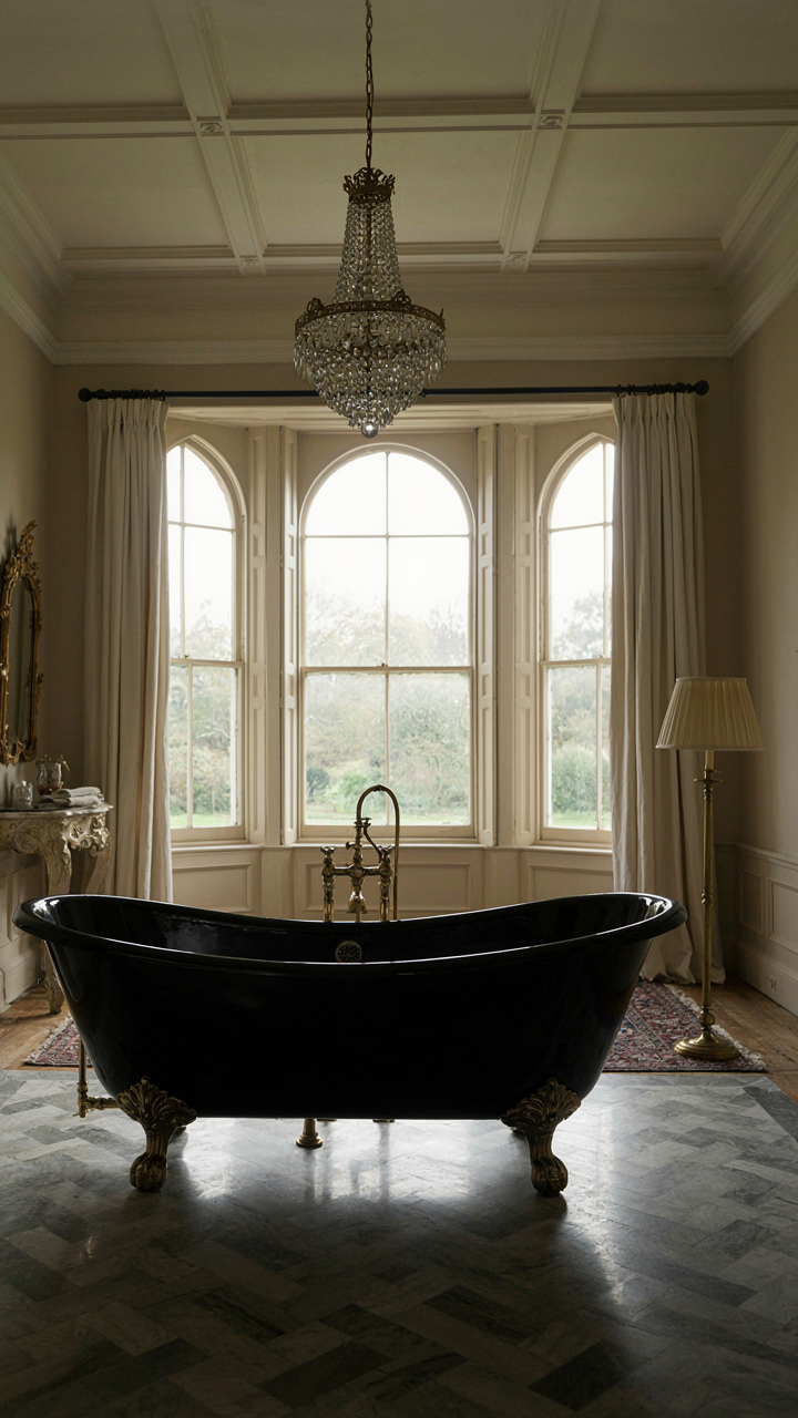 A spacious victorian bathroom featuring a grand cast iron clawfoot tub in the center.