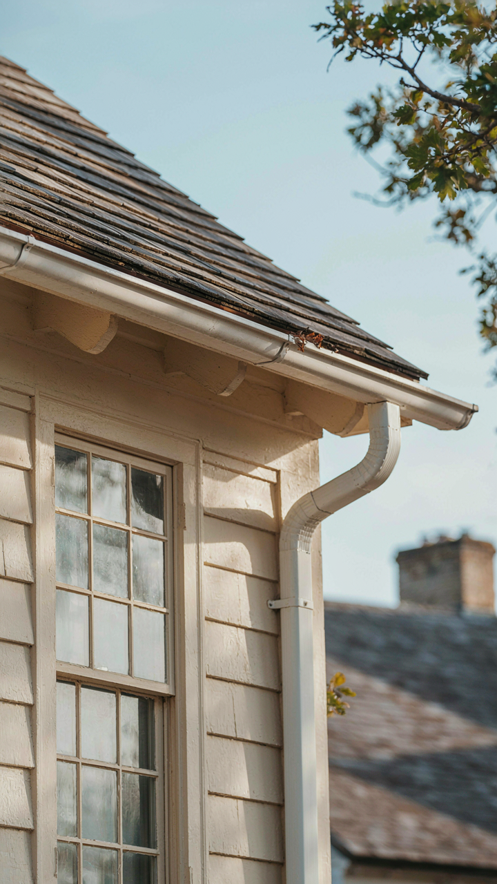 Close up of a deep roof overhang with functional gutters on a historic house.