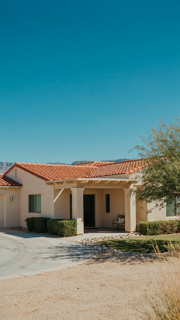 A light-colored ranch house exterior reflects harsh desert sun without fading.