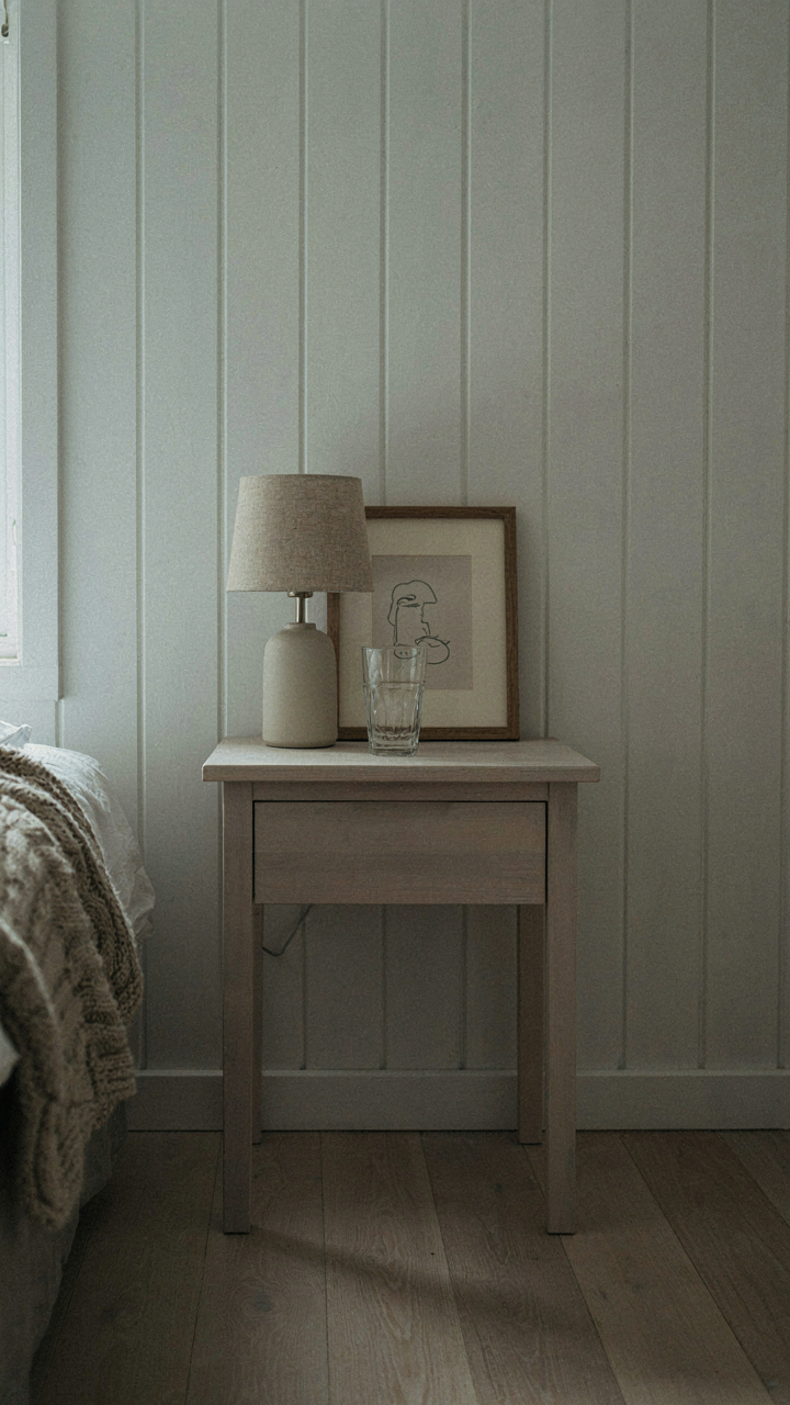 A pristine nightstand in a Scandinavian cabin bedroom holds a lamp and water.