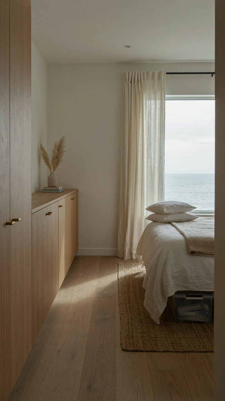 Bedroom with closed wooden cabinets and under-bed storage, no visible clutter.