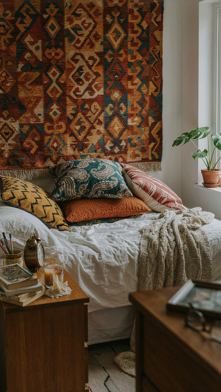 A cluttered bedroom corner with too many competing patterns and decorative items.