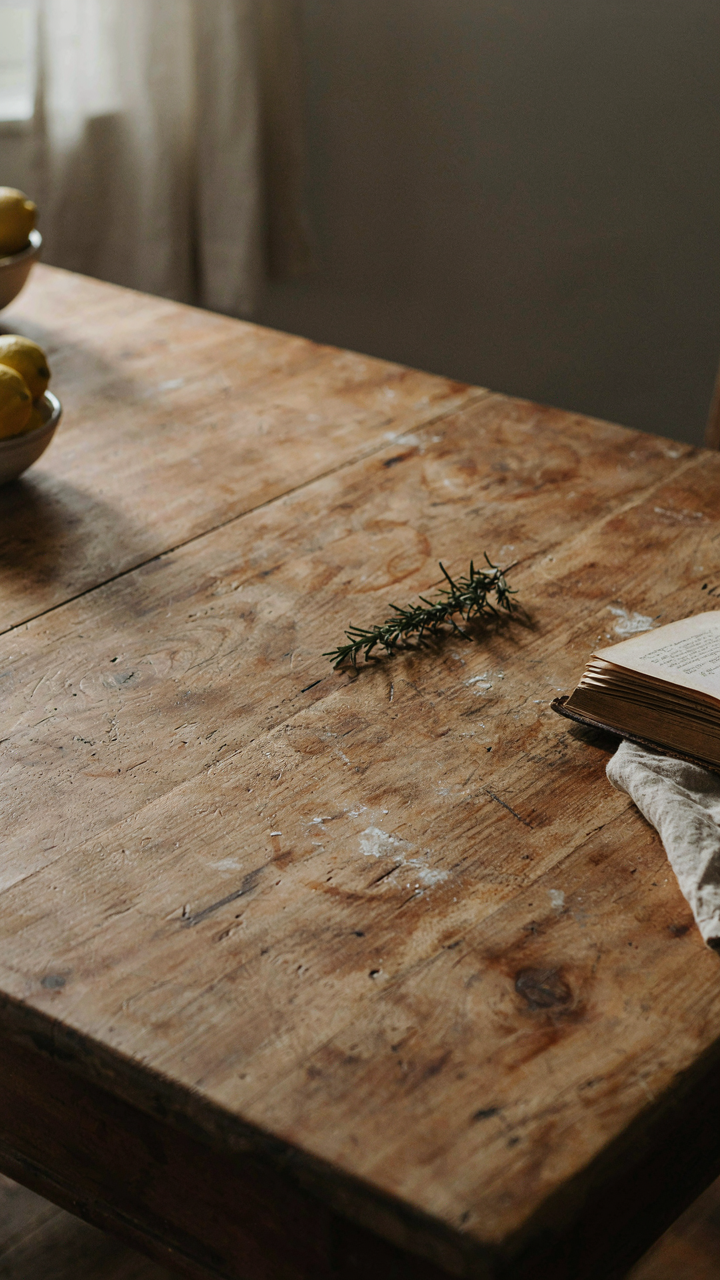 A close-up of an old, weathered pine dining table with natural patina.