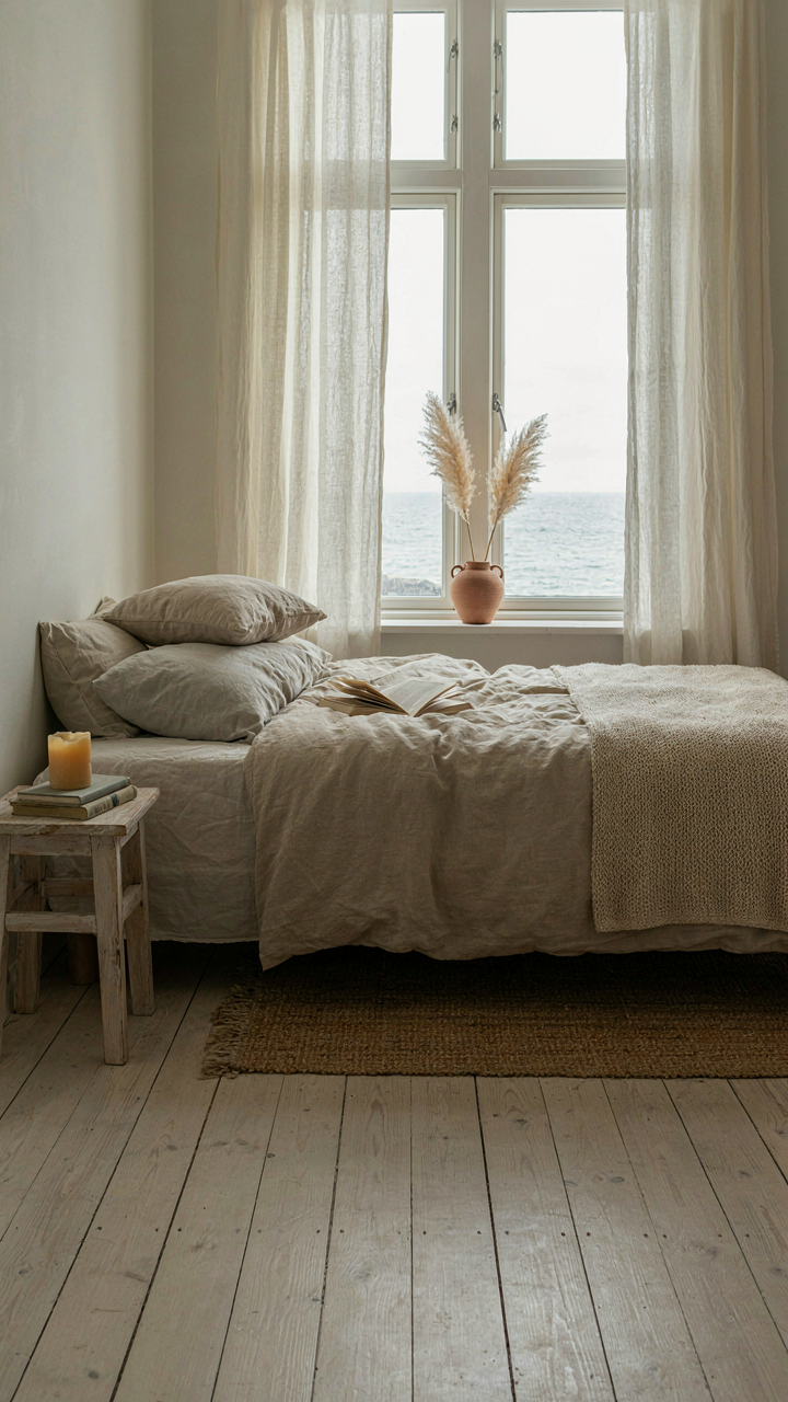 Soft morning light diffuses through sheer linen curtains in a coastal farmhouse bedroom.