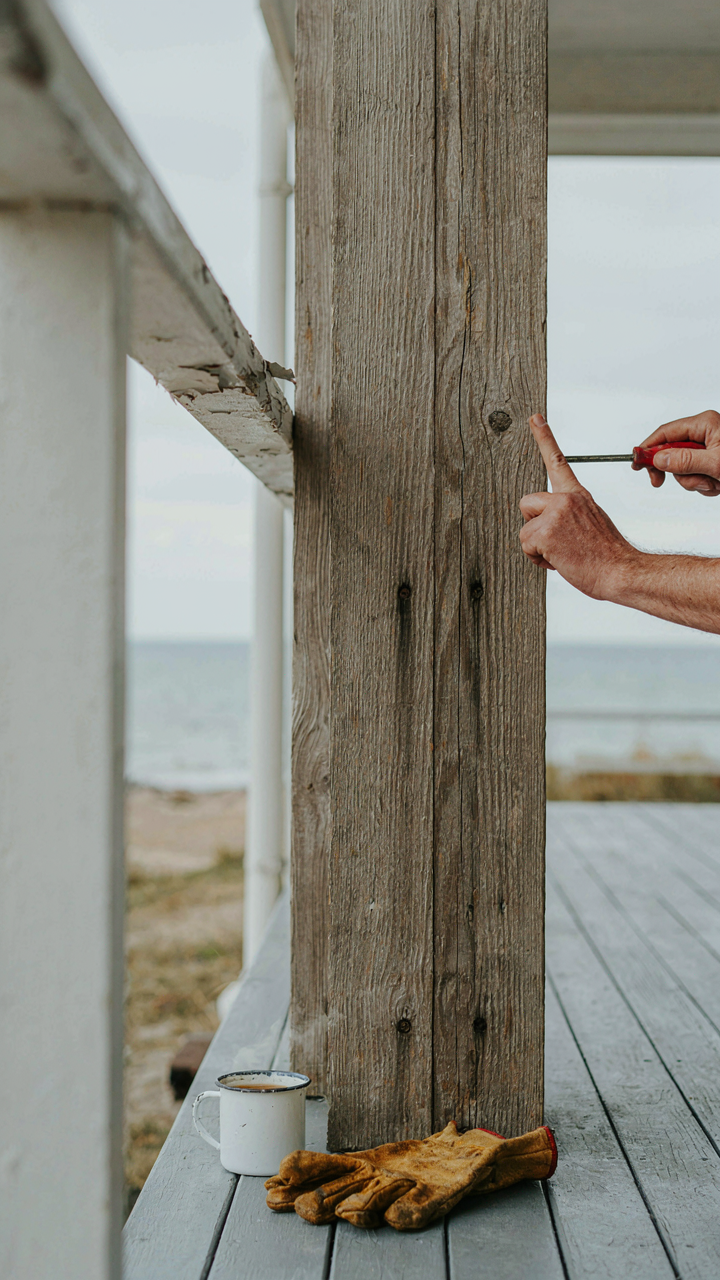 A person probes a wooden post on a coastal cottage porch with a screwdriver.