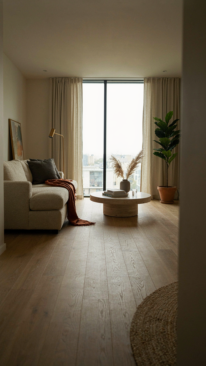 A long, clear sightline through a sparsely furnished modern apartment.