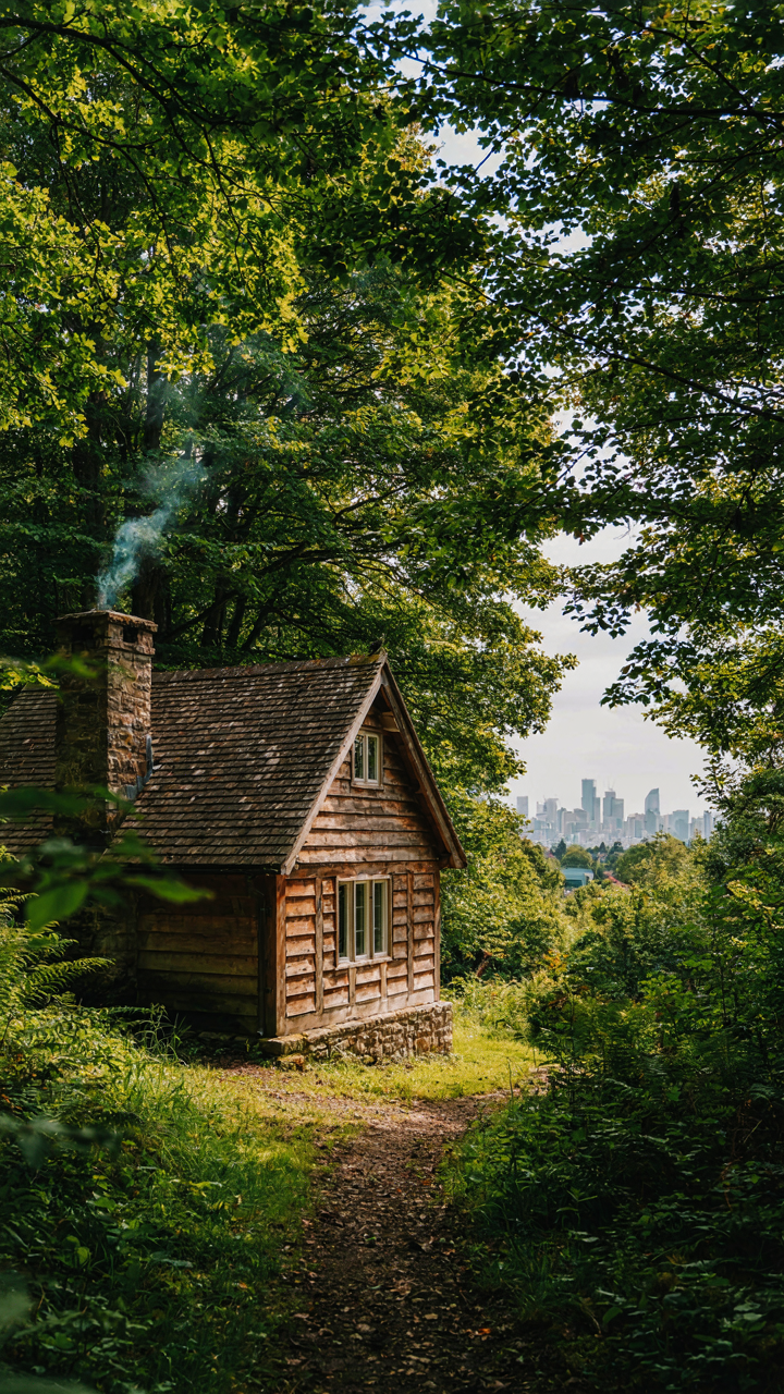 A tiny guest house in a forest, far from a city skyline.