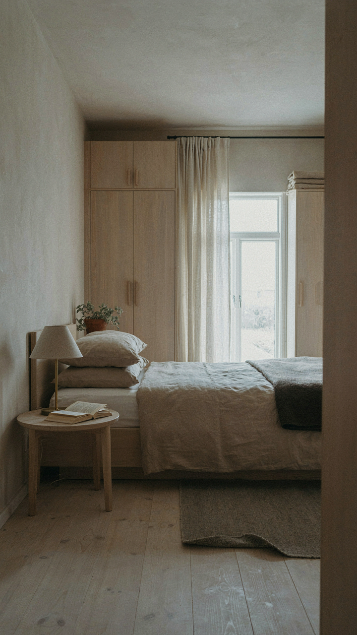 A tidy Scandinavian cabin bedroom with a built-in wooden cabinet and a single lamp on a nightstand.