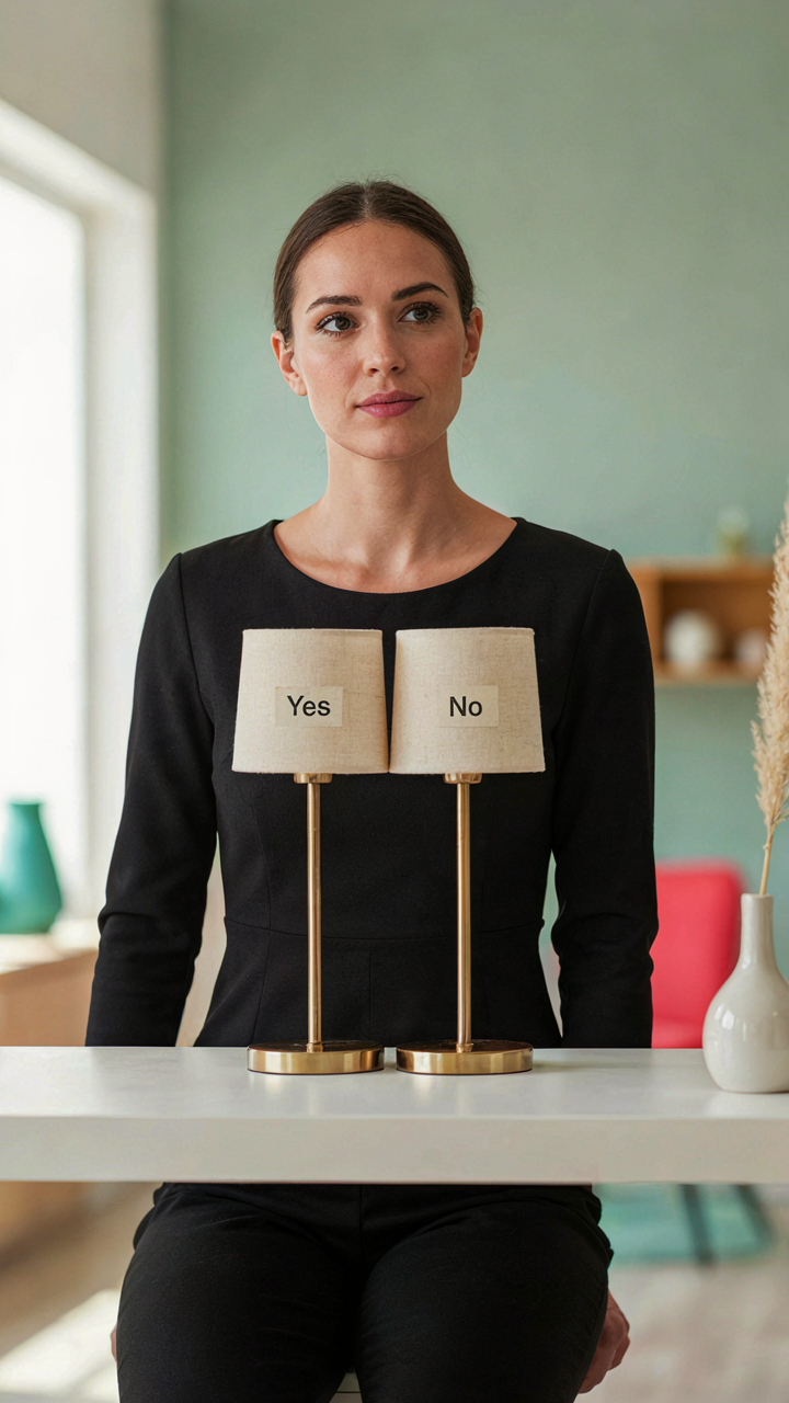A woman chooses between two lamps, one marked yes and one no.